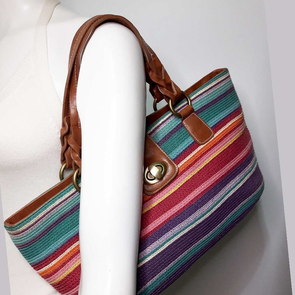 Beach Boho Woven Bag|Shoulder Tote Bag | Multicolor Stripped Cotton - Picture 3 of 12